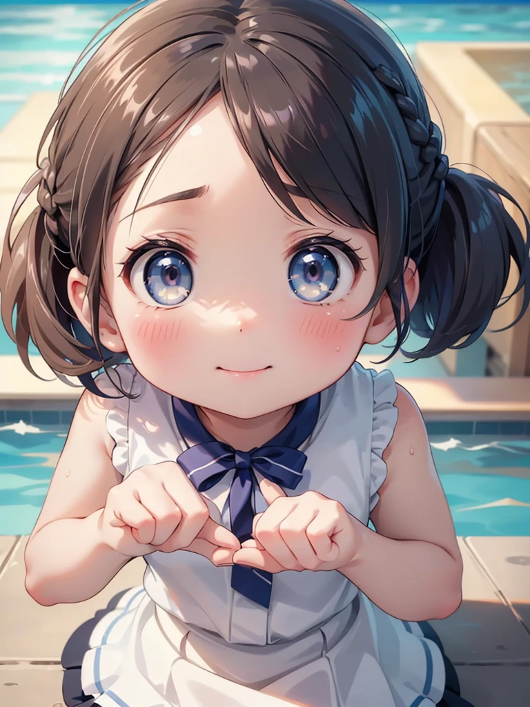 Highest quality、High resolution、Detailed Background、(Beautiful face in every detail:1.4)、Anatomically correct、(Detailed facial expressions)、(fine grain:1.2)、Teenage Beauty、One Girl、Cute hair color、Beautiful clear blue eyes、Braided Ponytail、Braided bob cut、primary school, Cute sleeveless shirt in pastel colors、Outdoor swimming pool、Strong winds、Skirt flutters、Observe the audience、Hands don't hold anything、Close your mouth and smile quietly、((Mouth close-up))