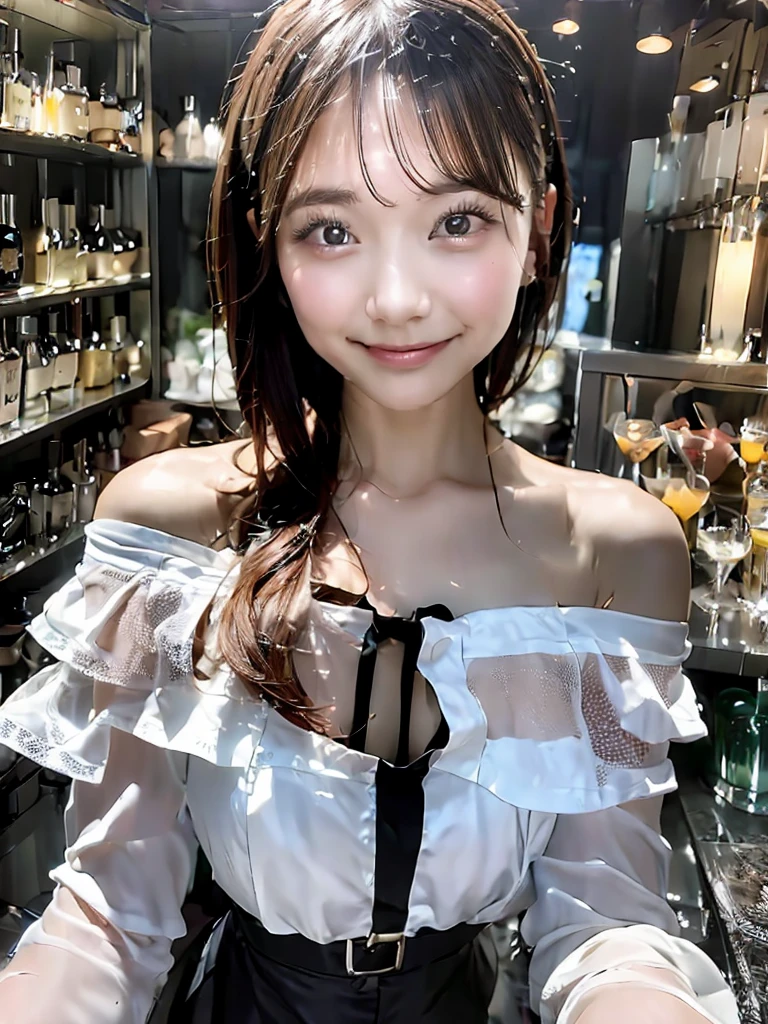 (table top, highest quality:1.5), realistic、Photoreal, full body photo, absurdes, delicate body、mini dress、off shoulder、cute face, idol face, beautiful girl, The background is an intersection、looking at the viewer, outdoor、Many people commute、no makeup, (smile:1.4), chromatic aberration, sharp focus, clear lighting、18-year-old、 detailed face, medium long straight hair、small breasts:1.4、sexy pose:1.5. My lesbian girlfriend likes drinking