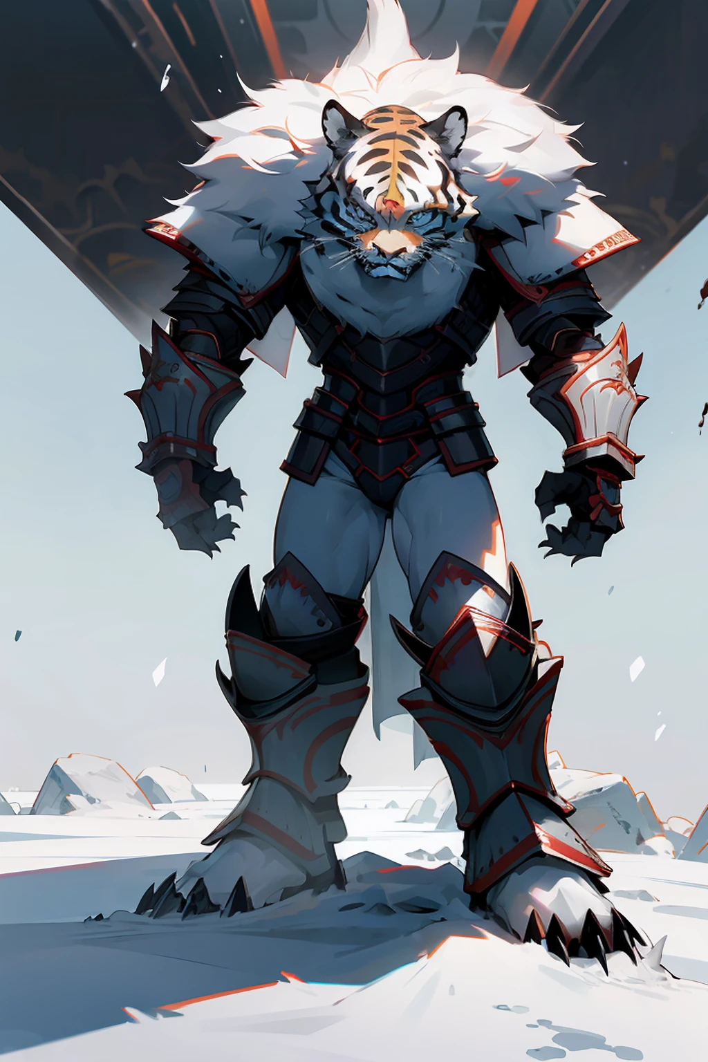 Tiger standing on two legs, snow background, Brutal!, put on armor, Big claws, Thirsty for blood, Big one, Thick fur, no back panel, snow backgroundมืดมิด, conjunctivitis, Demonic Aura