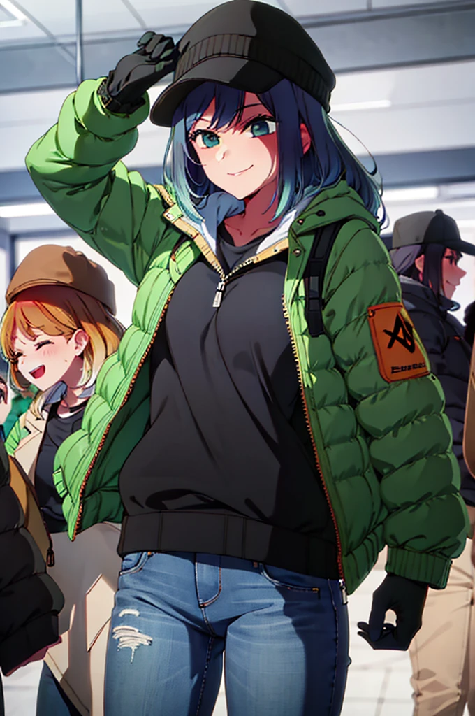 girl, jeans, green puffer jacket, smile, subway, black gloves