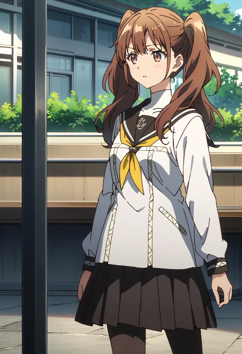 ,(upperbody:1),dsrise, brown hair, long hair, twintails, brown eyes, yasogami , serafuku, black thighhighs, 1girl, solo ,standing, school,ground, (cinematic), anime screencap:0.8, official art, masterpiece, best quality,UHD,HDR,intricate detailed,aesthetic,very aesthetic, walking,