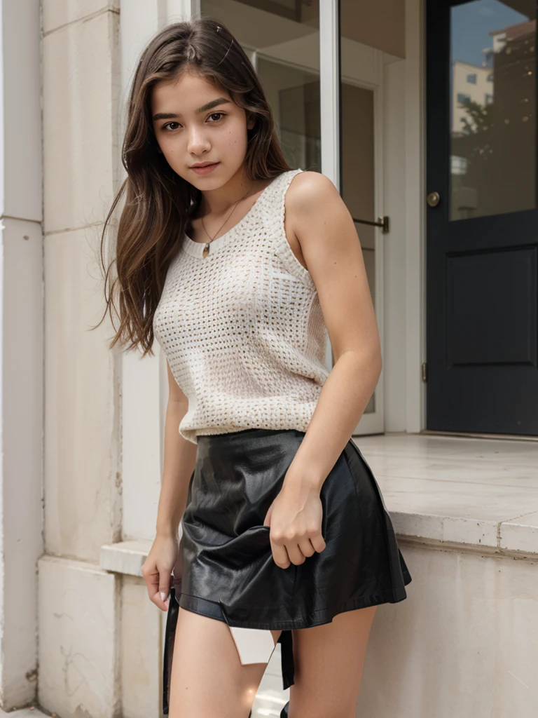 13 years old hot girl in white and black high heels black leather skirt white sweater long curly brown hair 