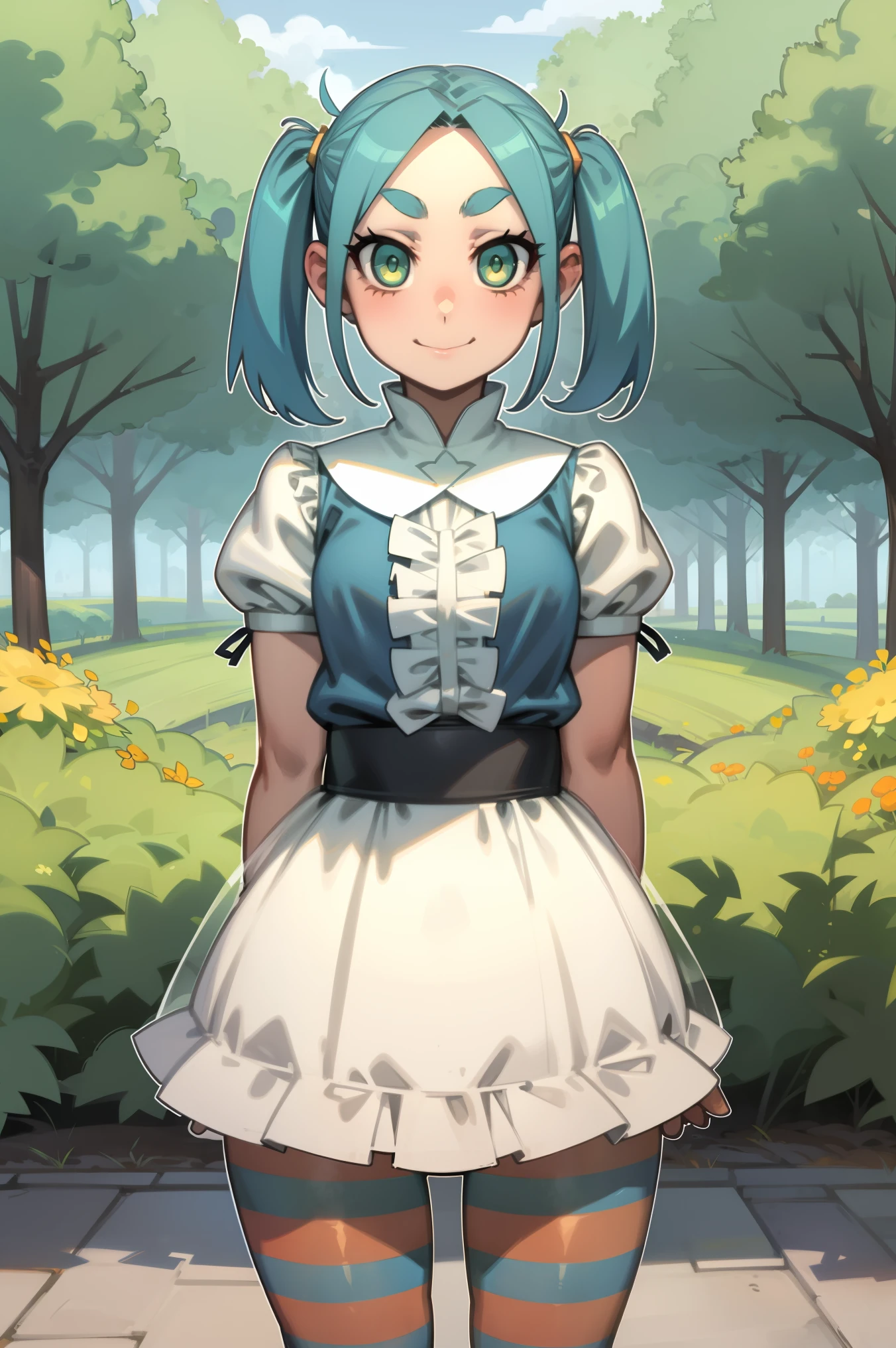 1 girl, standing alone, gazing at viewer,
ononokiyotsugi, water hair, shorth hair, greeneyes, twintails, Thick eyebrows,
striped pantyhose, blue and gray pantyhose, don, orange don, throat of a branch turtle, white frills, ha, puff sleeves, manga curta, transparentes, degree of transparency 50%) ,ssmile , adorable face , cowboy shot, About KelvinHiuArt ,flat-colors, ,outline,
Garden, trees, close up,
unexpressive, cloused mouth,