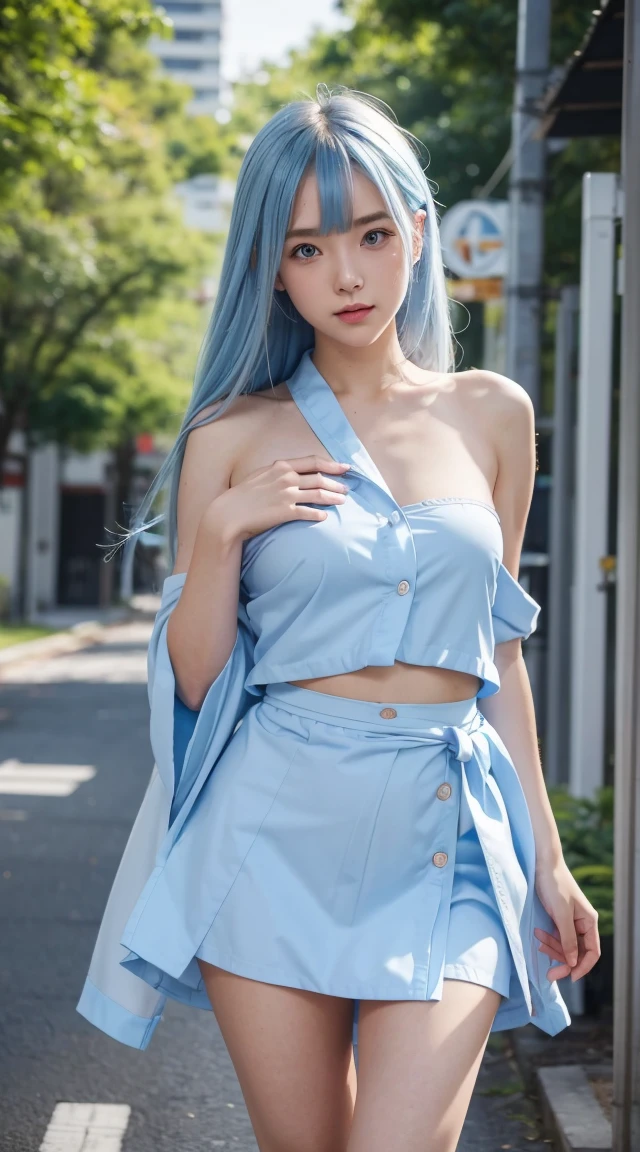 Anime School Girl, Wear a sexy outfit, Short kimono, Bare arms, Bare back, Bare shoulders, walking, Long Hair, Light blue hair, View the viewer, blue eyes,((Garment Lift)),((Lift up your shirt)),