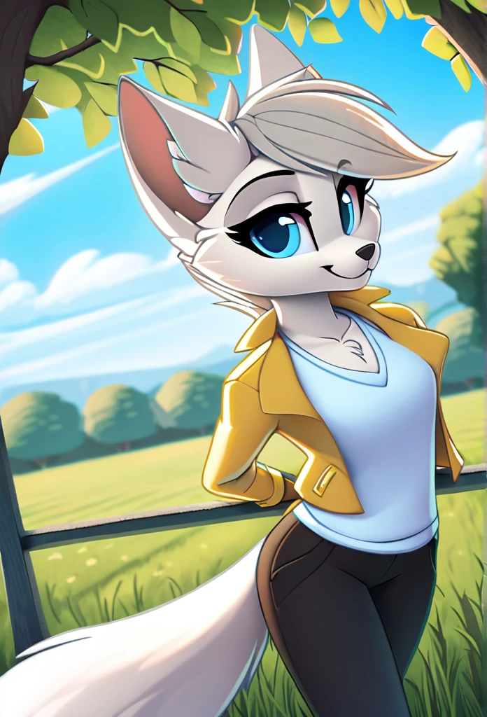 furry female, white fox, mammal, Dreamweaver, Dreamweaver-pony, a beautiful furry fox girl is standing in contraposto pose in the park, she looks at viewer and smiles, she wears white shirt, yellow jacket and black pants, the background is blurry, field of view, sky, day, beautiful blue eyes, award winning illustration|trending on artstation, correct ???????|perfect face|expressive eyes,  masterpiece|highly detailed|best quality|hd|8k|uhd|intricate details|extreme_detail