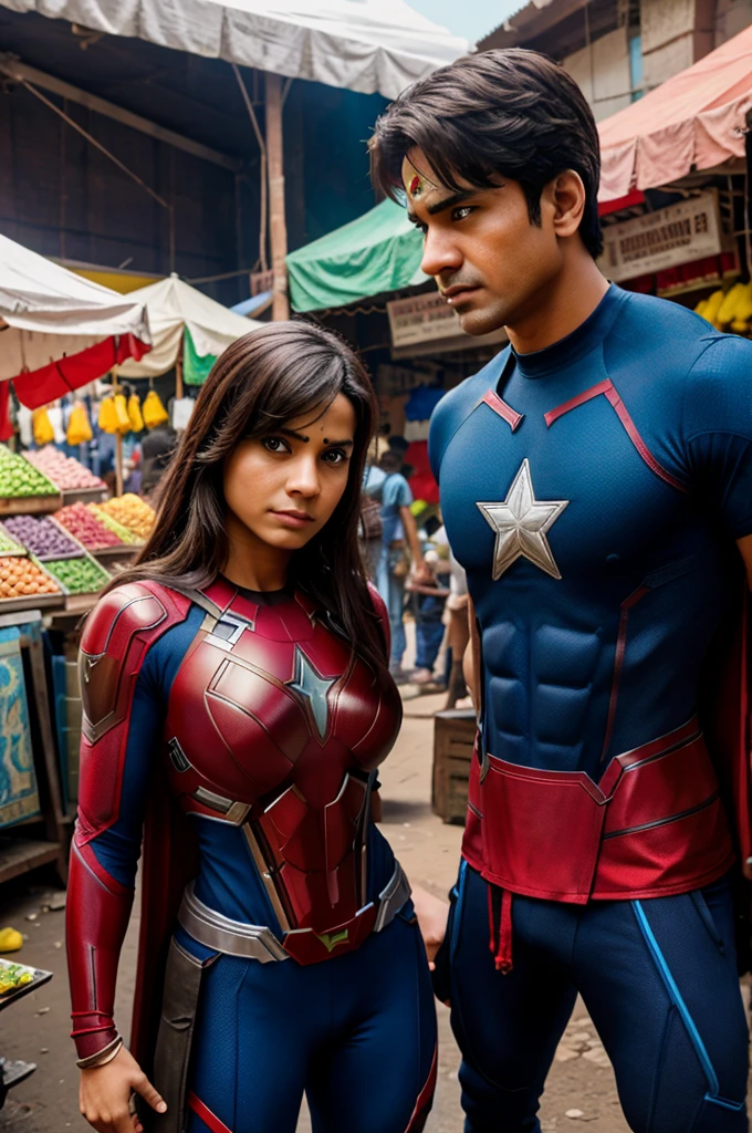 Avenger Heros in India street market, 8k ultra realistic