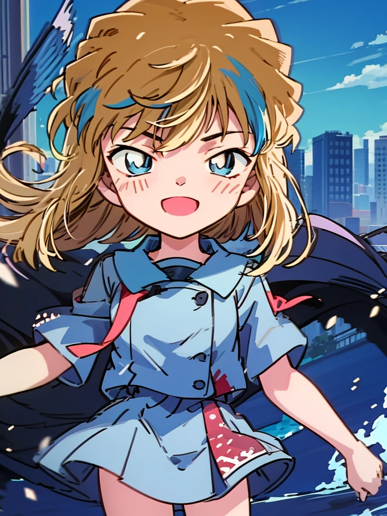 masterpiece、top-quality、gura、l、platinum-blonde、blue sailor school fuku uniform、red blush,cowboy shot 、Grinning、Navy blue tie ribbon,expressive eyes,multi color eyes,blue and cyan eyes,shinig eyes,、blue-sky、vivid colors,spalsh art managa,detailed line art,、natural light,bokeh,City background, skyscrapers