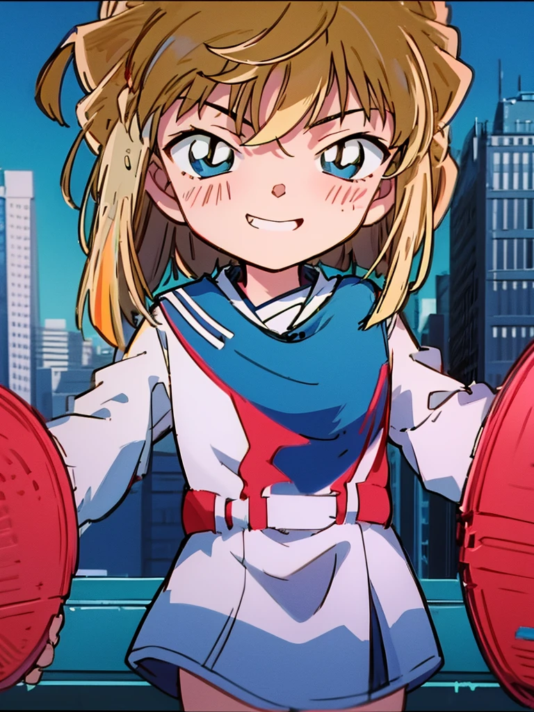 masterpiece、top-quality、gura、l、platinum-blonde、blue sailor school fuku uniform、red blush,cowboy shot 、Grinning、Navy blue tie ribbon,expressive eyes,multi color eyes,blue and cyan eyes,shinig eyes,、blue-sky、vivid colors,spalsh art managa,detailed line art,、natural light,bokeh,City background, skyscrapers