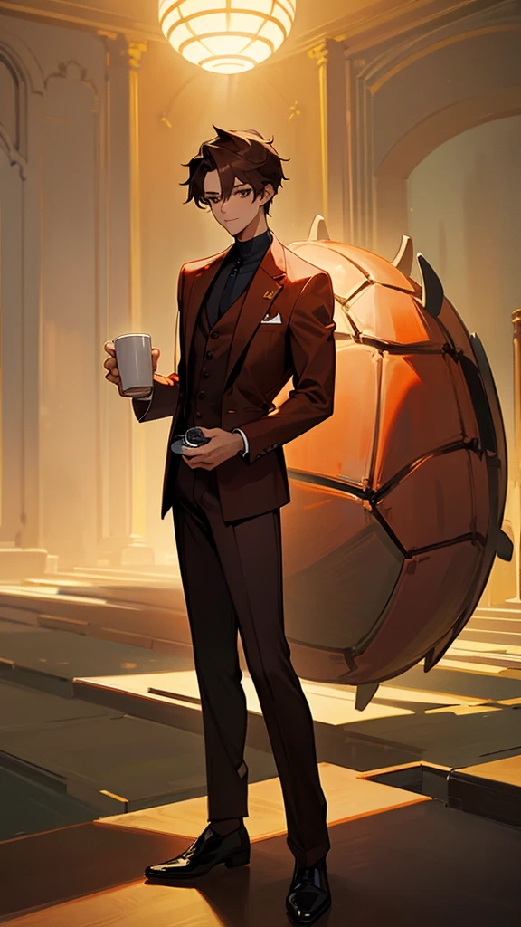 high detailed, masterpiece, 1 guy, holding a cup of coffee, looking friendly, korean style guy hair, wearing a suit that inside is a red turtle neck, handsome, brown hair, light skin, full body