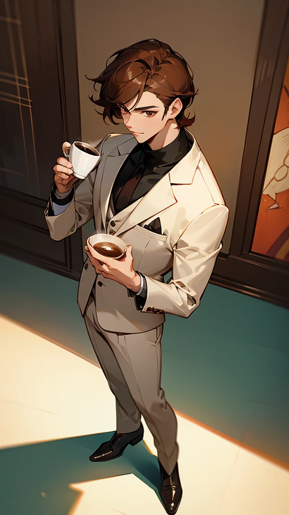 high detailed, masterpiece, 1 guy, holding a cup of coffee, looking friendly, korean style guy hair, wearing a suit that inside is a red turtle neck, handsome, brown hair, light skin, full body