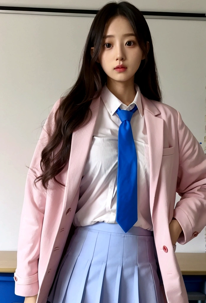 classroom,Pink jacket,White shirt,Long Hair,Blue tie,mini skirt,tall,30 years old,Japanese,