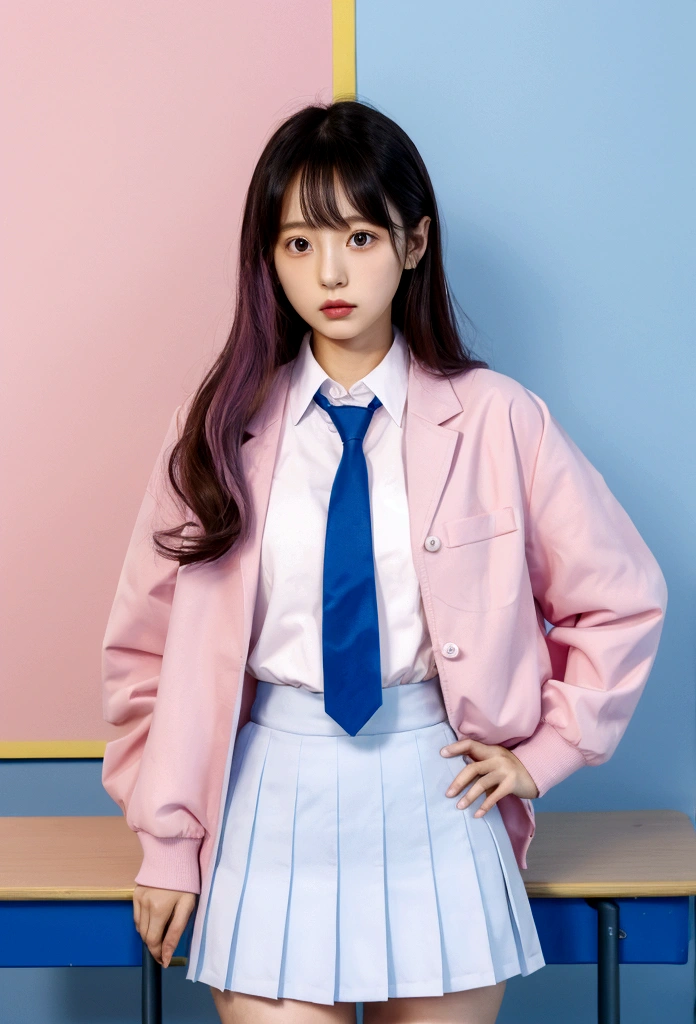 classroom,Pink jacket,White shirt,Long Hair,Blue tie,mini skirt,tall,30 years old,Japanese,