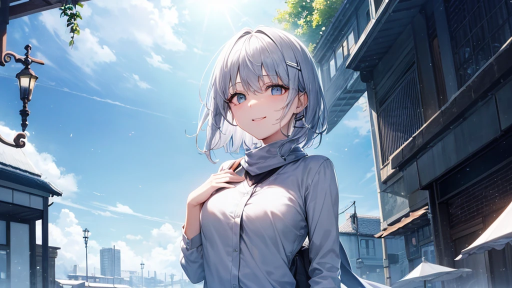 Her eyes were shining、Mysterious and enchanting atmosphere。With AI Painting、とてもShort Hair, Long bangs between the eyes, Very detailed,(masterpiece、Highest quality)、alone、Gray Hair、Fantasy, Silver Hair, Fantasyな風景、White shirt、smile、Open your mouth、Scarf、short hair、Short Hair、hairpin、black eye、Grey Eyes、Beautiful Eyes