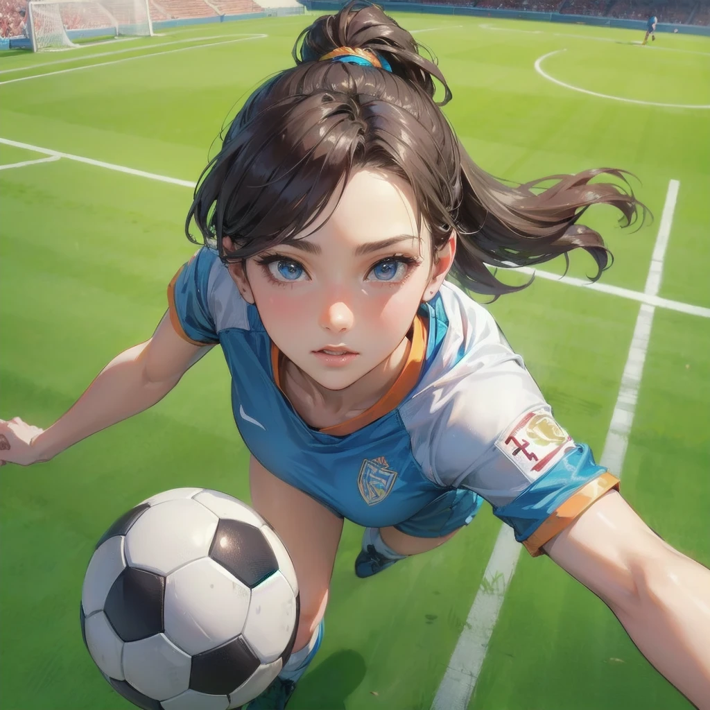  masterpiece, (textured skin), best quality, gorgeous beautiful girl, (a female soccer athlete), detailed clothes,large breasts,narrow waist,, (beautiful face), cinematic lighting, (at soccer venue ),