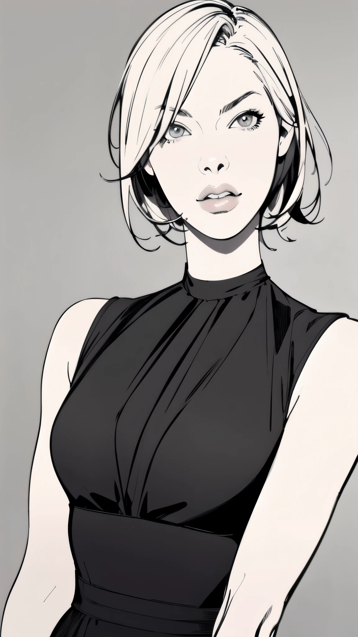 (masterpiece:1.2, Highest quality),8K,wallpaper,(An illustration),(Milla Jovovich),((Monochrome)),Upper body close-up,front,short hair,Wearing a black dress,Perfect Eyes,Detailed face,,Sexy expression,Cool woman,blonde