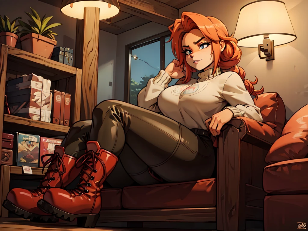 A red-haired girl with braided hair wearing a
cozy sweater, camouflage pants, and army combat boots, relaxing seduce face The girl is an anthropomorphic bandicoot. Putting boots hants to boots shoeslace The artwork should have the best quality, 4k resolution, high resolution, and be a masterpiece. It should be ultra-detailed and realistic, with a portrait style. The color tone should have a focus on vibrant reds. The lighting should highlight the girl's face and bring out the details in her hair. night