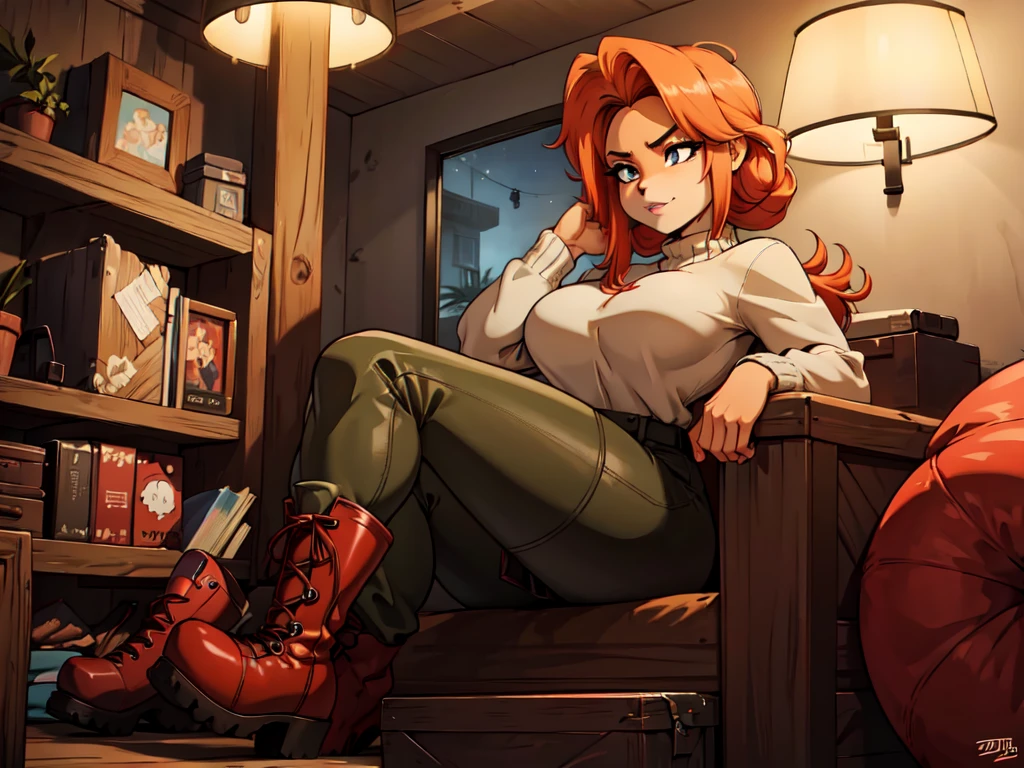 A red-haired girl with braided hair wearing a 
cozy sweater, camouflage  pants, and army combat boots, relaxing seduce face The girl is an anthropomorphic bandicoot.  Putting boots hants to boots shoeslace The artwork should have the best quality, 4k resolution, high resolution, and be a masterpiece. It should be ultra-detailed and realistic, with a portrait style. The color tone should have a focus on vibrant reds. The lighting should highlight the girl's face and bring out the details in her hair. night 