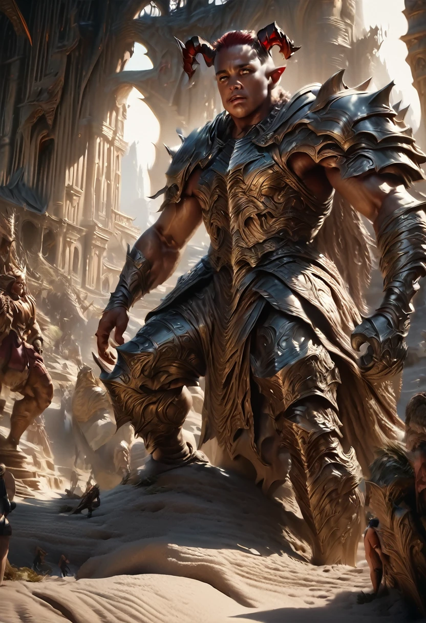 a powerful knight, dark skin, red short hair, pointy ears, horns, wearing half-armor, dramatic shadows, digital art, highly detailed, intricate details, cinematic lighting, epic fantasy, (best quality,4k,8k,highres,masterpiece:1.2),ultra-detailed,(realistic,photorealistic,photo-realistic:1.37),concept art