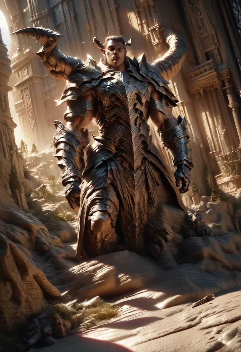 a powerful knight, dark skin, red short hair, pointy ears, horns, wearing half-armor, dramatic shadows, digital art, highly detailed, intricate details, cinematic lighting, epic fantasy, (best quality,4k,8k,highres,masterpiece:1.2),ultra-detailed,(realistic,photorealistic,photo-realistic:1.37),concept art
