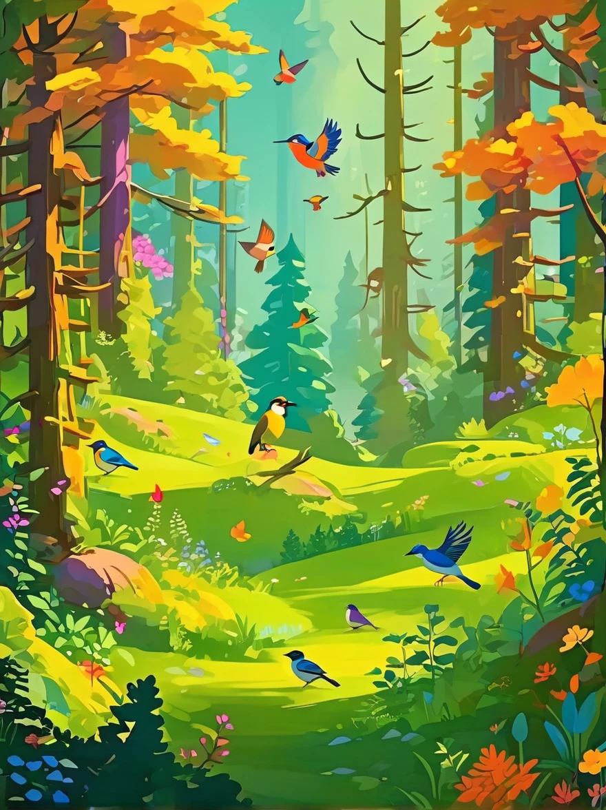 "A magical scene where the bird's song brings color and life to the forest, with animals and plants reacting to its singing."
