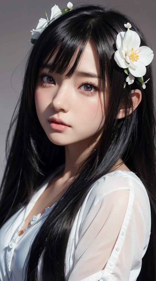 Anime girl with long black hair wearing a white shirt and a flower crown, Beautiful anime portraits, Stunning Anime Face Portraits, Beautiful Anime Girls, Cute realistic portrait, Detailed portrait of an anime girl, Anime Girl Portrait, Realistic Anime 3D Style, realistic Young Anime Girl, Realistic anime art style, Young Anime Girl, Anime realism style, Realistic anime art style
