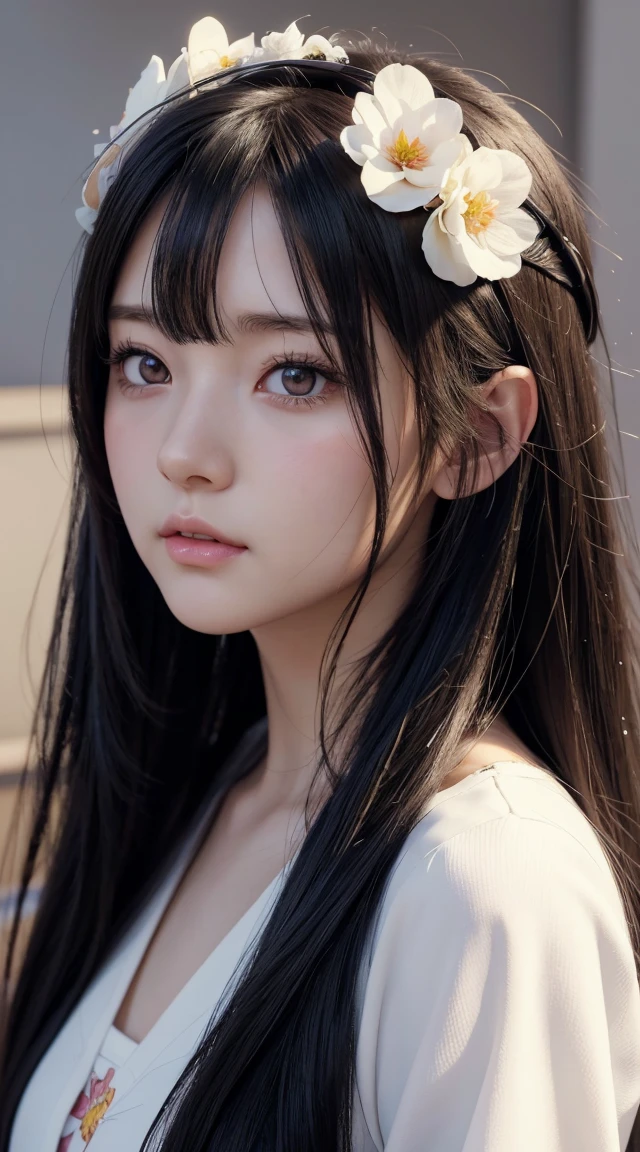 Anime girl with long black hair wearing a white shirt and a flower crown, Beautiful anime portraits, Stunning Anime Face Portraits, Beautiful Anime Girls, Cute realistic portrait, Detailed portrait of an anime girl, Anime Girl Portrait, Realistic Anime 3D Style, realistic Young Anime Girl, Realistic anime art style, Young Anime Girl, Anime realism style, Realistic anime art style