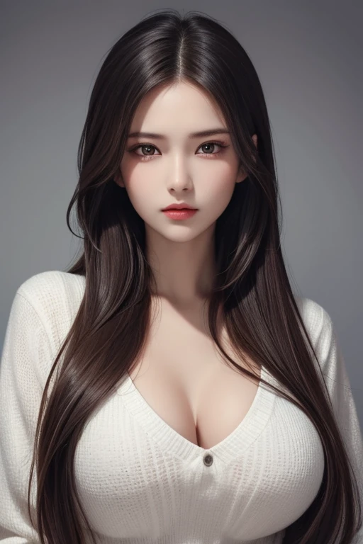 A breathtaking portrait of a beautiful girl, Long Straight hair, Big Breasts:1.7, his chiseled features and intense red eyes brought to life in stunning detail and quality, a true work of art.