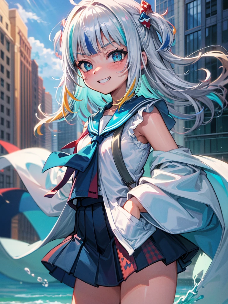 ​masterpiece、top-quality、gura、l、platinum-blonde、blue sailor school fuku uniform、red blush,cowboy  shot 、Grinning、Navy blue tie ribbon,expressive eyes,multi color eyes,blue and cyan eyes,shinig eyes,、blue-sky、vivid colors,spalsh art managa,detailed line art,、natural light,bokeh,City background, skyscrapers