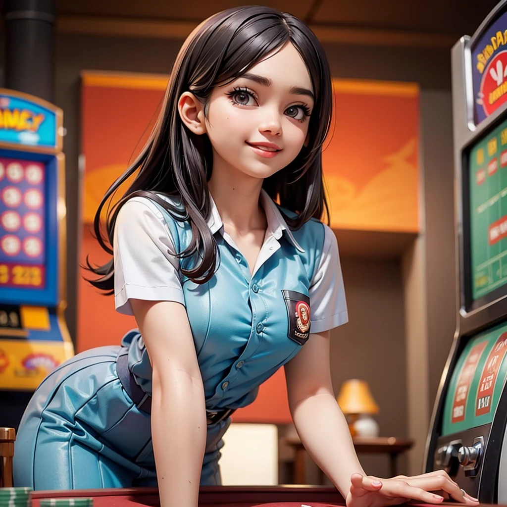 happy and smile, {{indonesian girl}}, {wearing high school uniform}, teasing and waiting customer play, standing, playing in casino, red casino background, polite and kind, Sweet Face, roulette table, poker table, colourfull slot machines