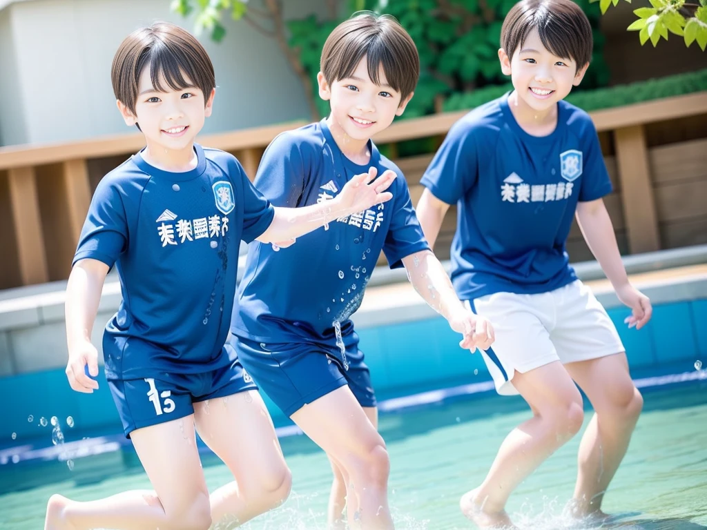 夏休みのprimary school校、Pool、primary school5Grade、Japan Boy、Glowing water splashes、A good boy dripping with water、hot day、Two Boys、Various poses、Short sleeve gym uniform、Blue shorts、physical education、barefoot,(Boy 1.4)、Boys only 、(10Age 1.4)