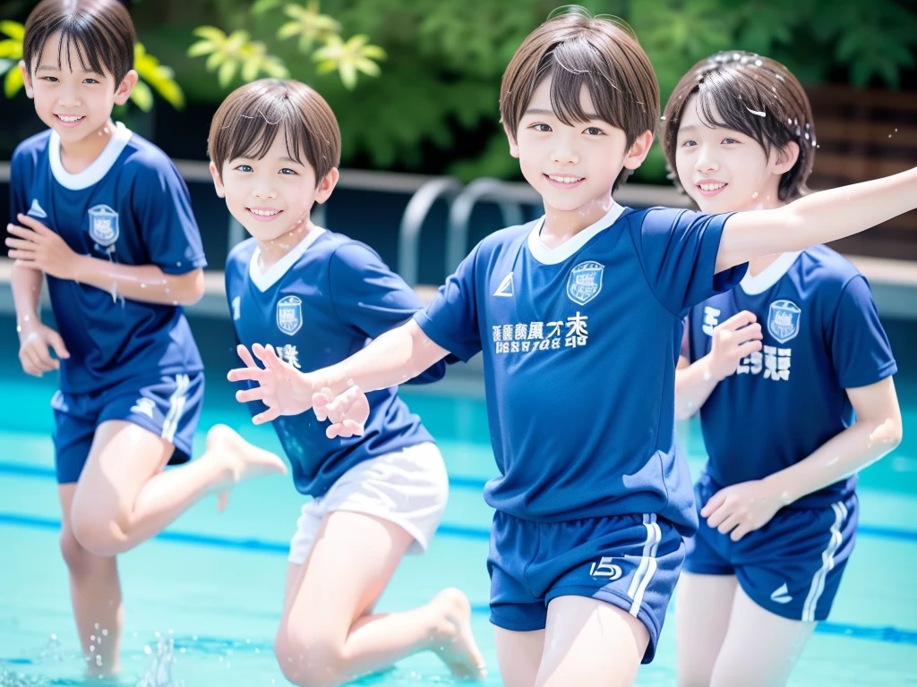 夏休みのprimary school校、Pool、primary school５Grade、Japan Boy、Glowing water splashes、A good boy dripping with water、hot day、Two Boys、Various poses、Short sleeve gym uniform、Blue shorts、physical education、barefoot，（Boy 1.4）、Boys only 、(１０Age 1.４)