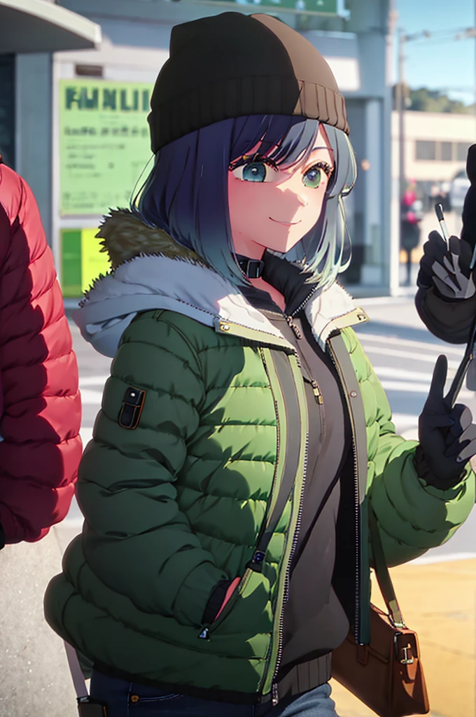girl, jeans, green puffer jacket, smile, subway, black gloves