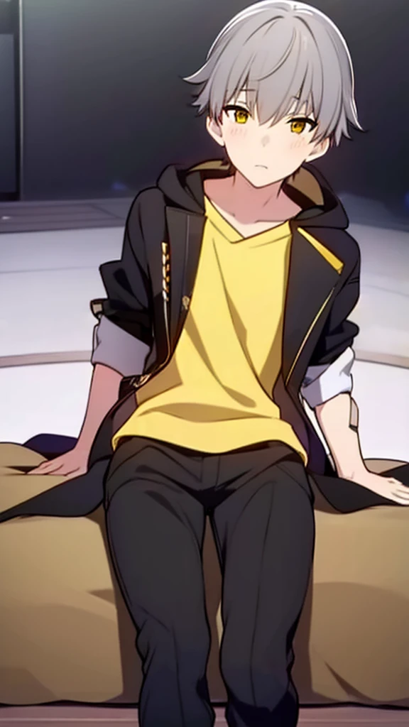 Best quality, masterpiece, A high resolution, male focus, 1 boy, One, only, gray hair, Celus, yellow eyes, Looking at the viewer, detailed face, very detailed, Beautiful, Beautiful lighting, blush, convex, divine rays, rays of light, , depth of field, formal, yellow and black jacket, blush, Sitting, Subing, Sub, warm, room, wooden floor, blanket, Stuffed Toys (Each color block is clearly distinguishable:1.1),