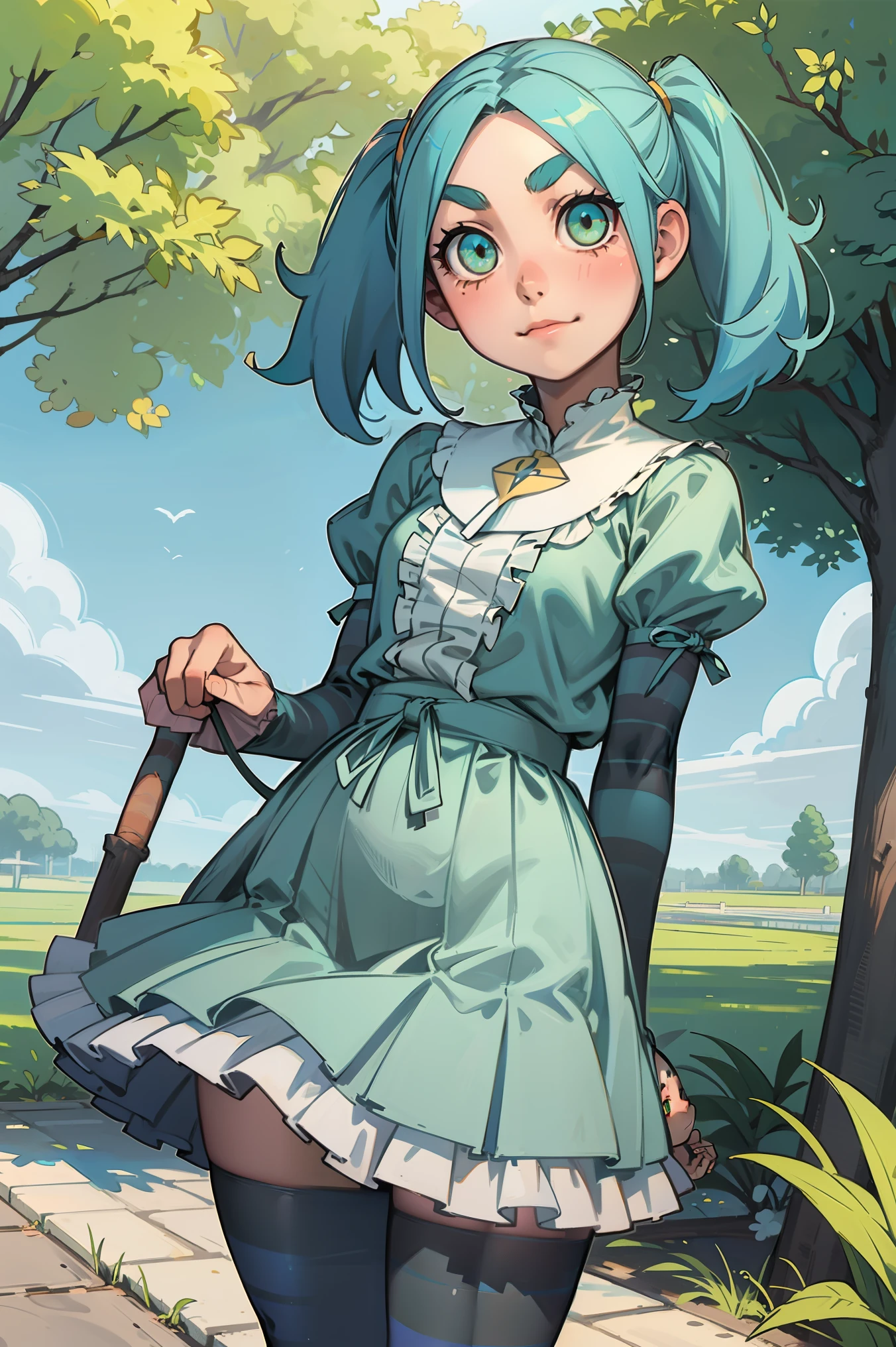 1 girl, standing alone, gazing at viewer,
ononokiyotsugi, water hair, shorth hair, greeneyes, twintails, Thick eyebrows, 
striped pantyhose, blue and gray pantyhose, don, orange don, throat of a branch turtle, white frills, ha, puff sleeves, manga curta, transparentes, degree of transparency 50%) ,ssmile , adorable face , cowboy shot, About KelvinHiuArt ,flat-colors, ,outline,
Garden, trees, close up,
unexpressive, cloused mouth,