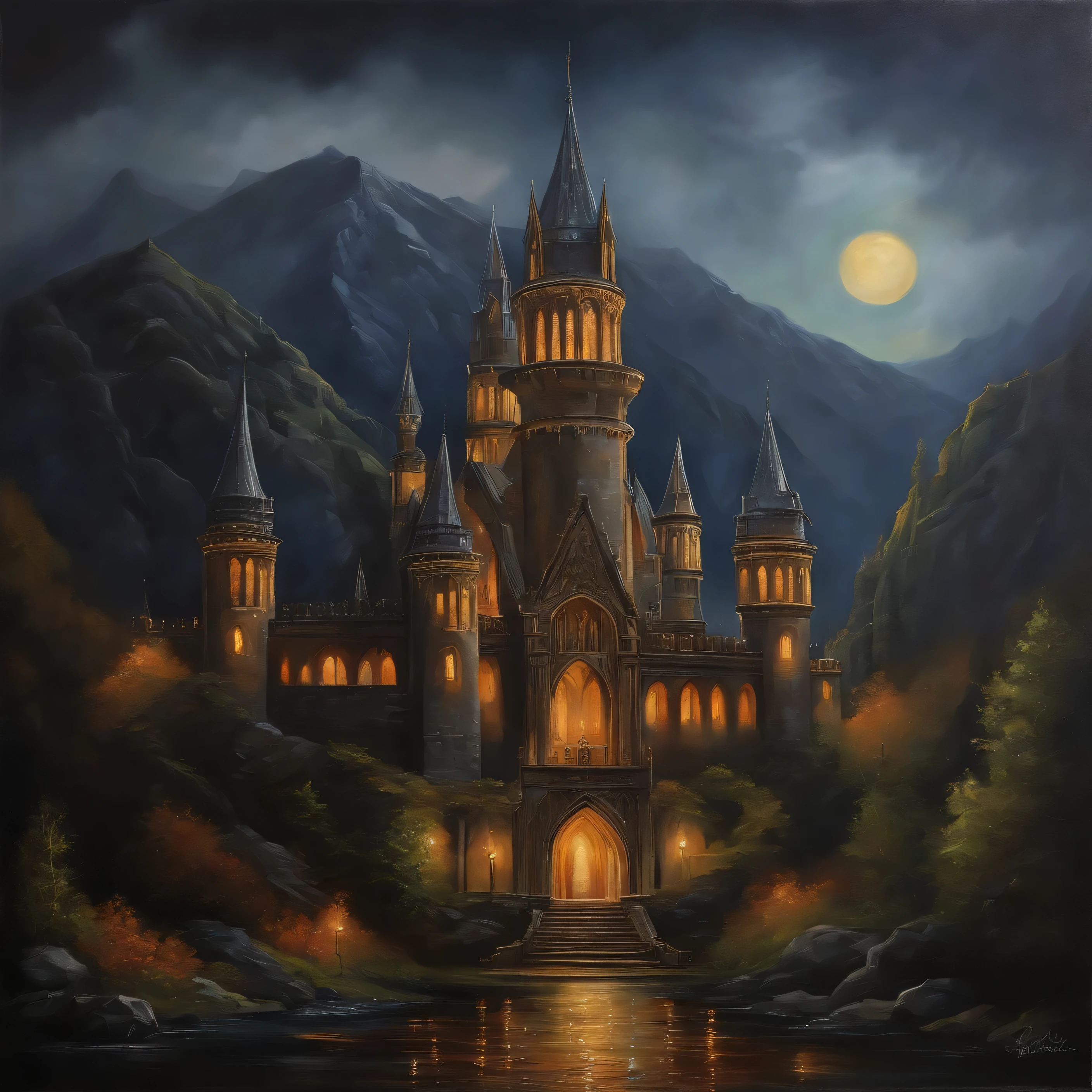 olpntng style, Large dark gothic ornate symmetrical castle with towers and spires in the mountains in the night, oil painting, heavy strokes, paint dripping