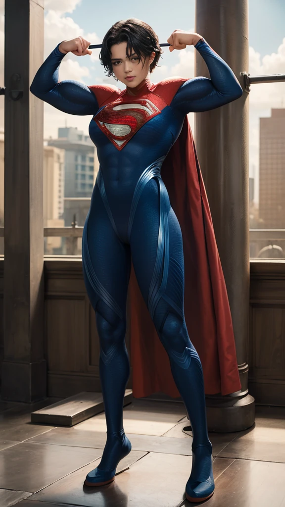 solo, 1girl, 5uper, supergirl, black hair, pixie haircut, blue eyes,muscular strong body,big bulging biceps, blue bodysuit,posing,flexing, long sleeves,in gym,lifting weights,high detail,realistic
