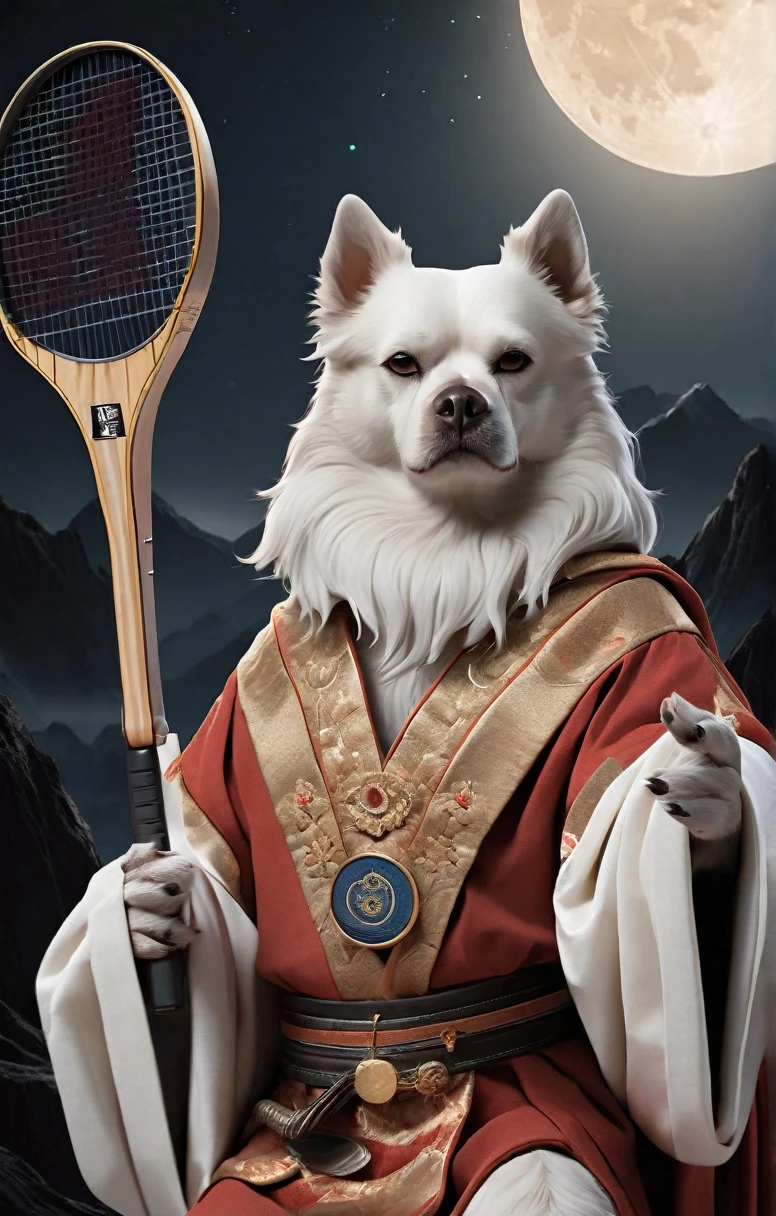 An anthropomorphic dog holding a table tennis racket,
dark and brooding The Dog King
moon background
Inspired by the Classic of Mountains and Seas,
photographic portrait, sharp,
animation style