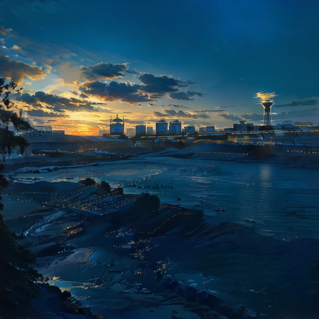Arabian style view of a bridge over a body of water with the city in the background, golden and Blue Hour, Sigma 2.Shot at f1.0mm. 4, Blue Hour,golden hour in tokyo, photography shot at Blue Hour, Blue Hour photography,