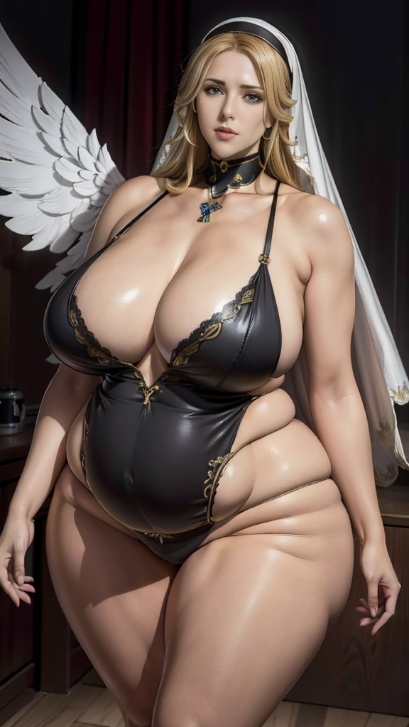 ((RAW Photos)), ((masterpiece)), Anthropomorphic humanoid angel in nun armor, Intricate details, football, A complex Greebles piece, Yellow wings, beautiful, beautiful目と唇, Chubby Matuan, Very large breasts, Vge breasts, Very larsts, Black Leotard S(White line), Sensual appearance, Curvy Model, very voluptuous body, Sensual body, Plus Size Women, Attractive plus size model, Pregnant women, Pregnant women, Anthropomorphic humanoid angel milf in nun armor, Intricate des, football, A complex Greebles piece, Yellow wings,