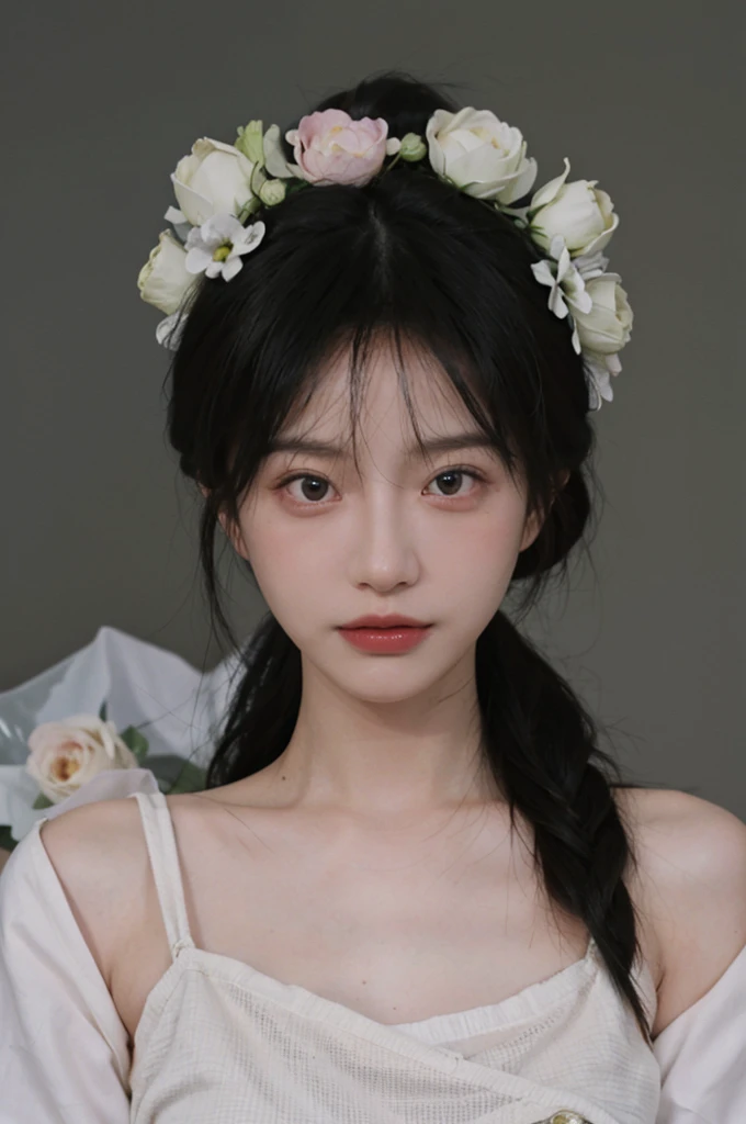 masterpiece,Best picture quality,Extreme details,Ultra-high resolution,Ultra-high definition,Beautiful young people,Glowing skin,thin,Black Hair,Half bun,1,big eyes,beautiful eyes,Lipstick,Exquisite facial features,Medium shot, Tube Top Suspenders,Single tone background,White background,Soft light,Wear flowers on your head