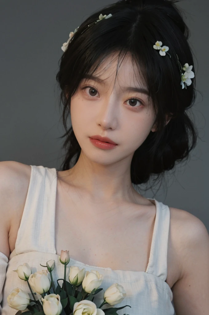 masterpiece,Best picture quality,Extreme details,Ultra-high resolution,Ultra-high definition,Beautiful young people,Glowing skin,thin,Black Hair,Half bun,1,big eyes,beautiful eyes,Lipstick,Exquisite facial features,Medium shot, Tube Top Suspenders,Single tone background,White background,Soft light,Wear flowers on your head