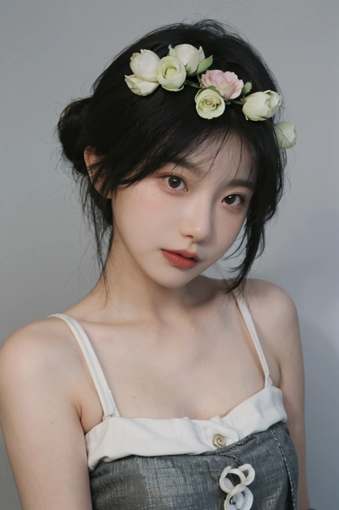 masterpiece,Best picture quality,Extreme details,Ultra-high resolution,Ultra-high definition,Beautiful young people,Glowing skin,thin,Black Hair,Half bun,1,big eyes,beautiful eyes,Lipstick,Exquisite facial features,Medium shot, Tube Top Suspenders,Single tone background,White background,Soft light,Wear flowers on your head
