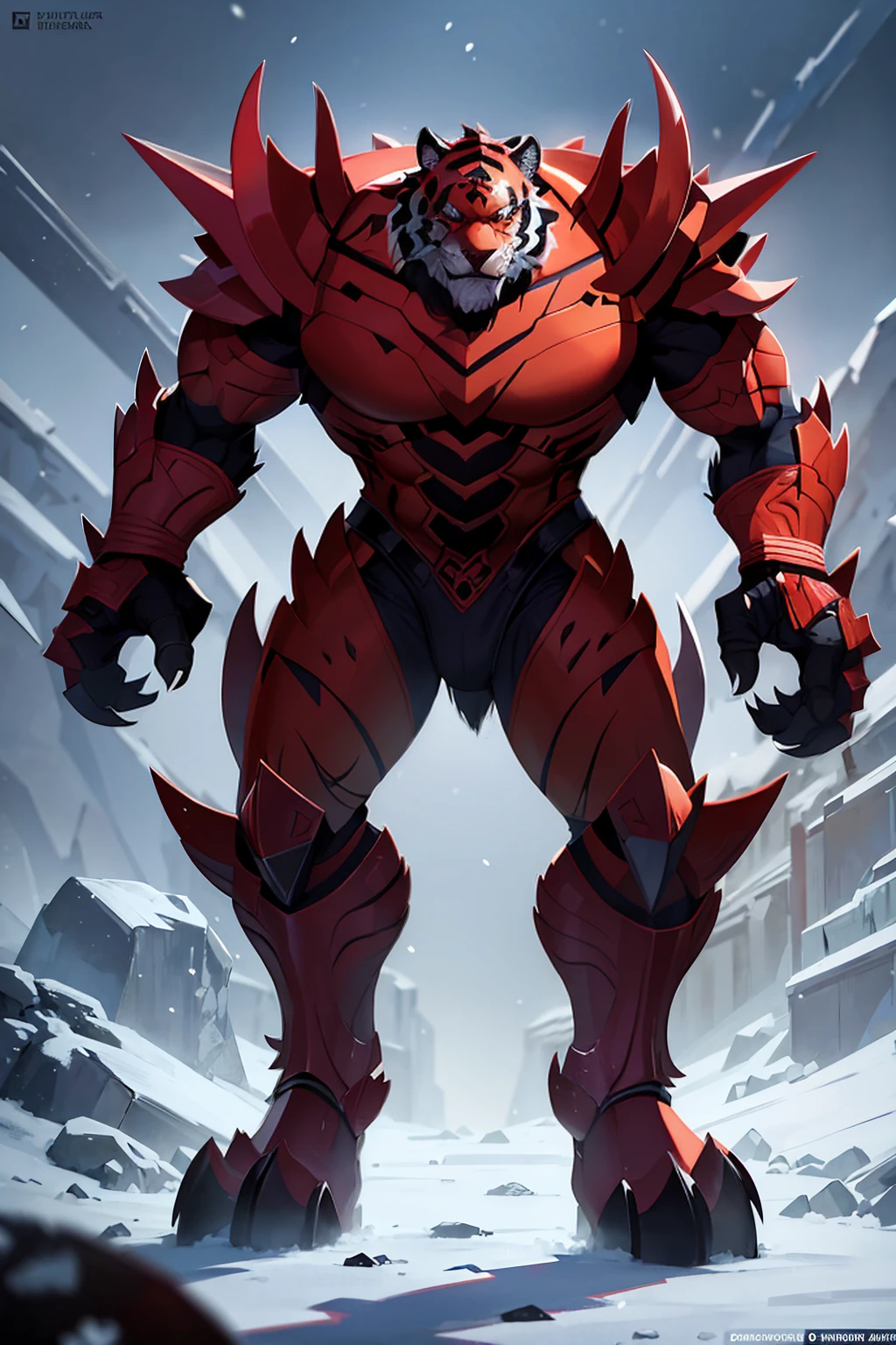 Mutant tiger standing on two legs, snow background, Brutal!, put on armor, Big claws, Thirsty for blood, Big one, Thick fur, no back panel, snow backgroundมืดมิด, conjunctivitis, Demonic Aura