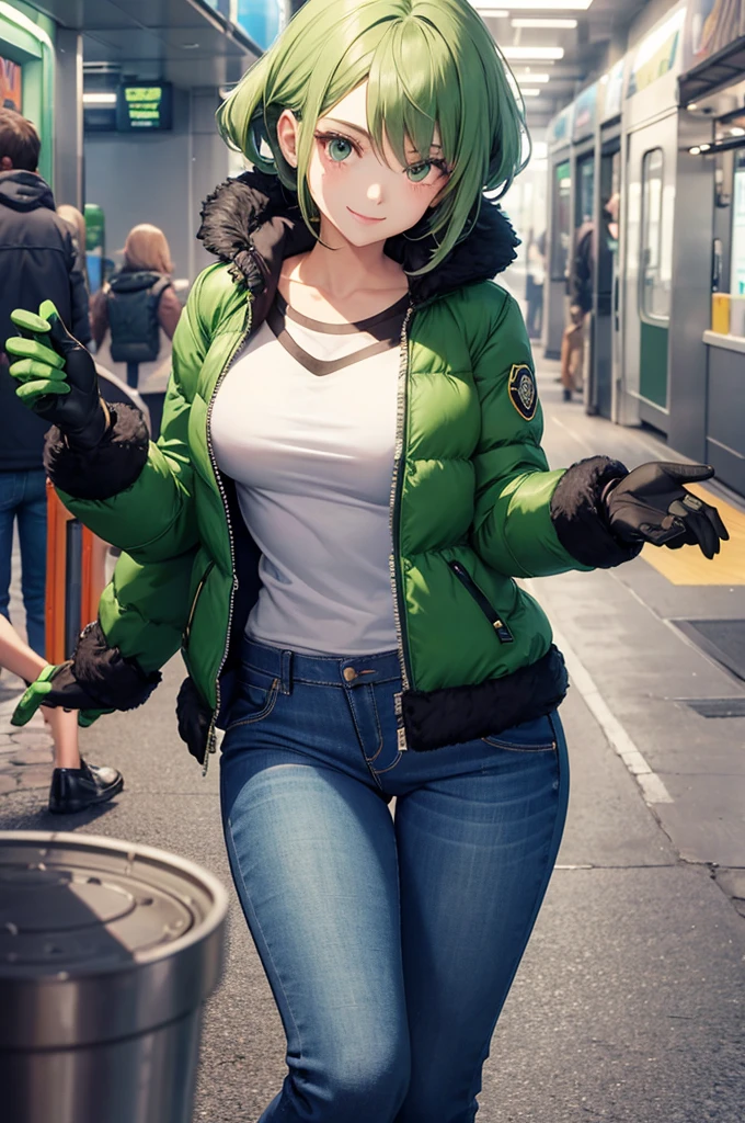 girl, jeans, green puffer jacket, smile, subway, black gloves