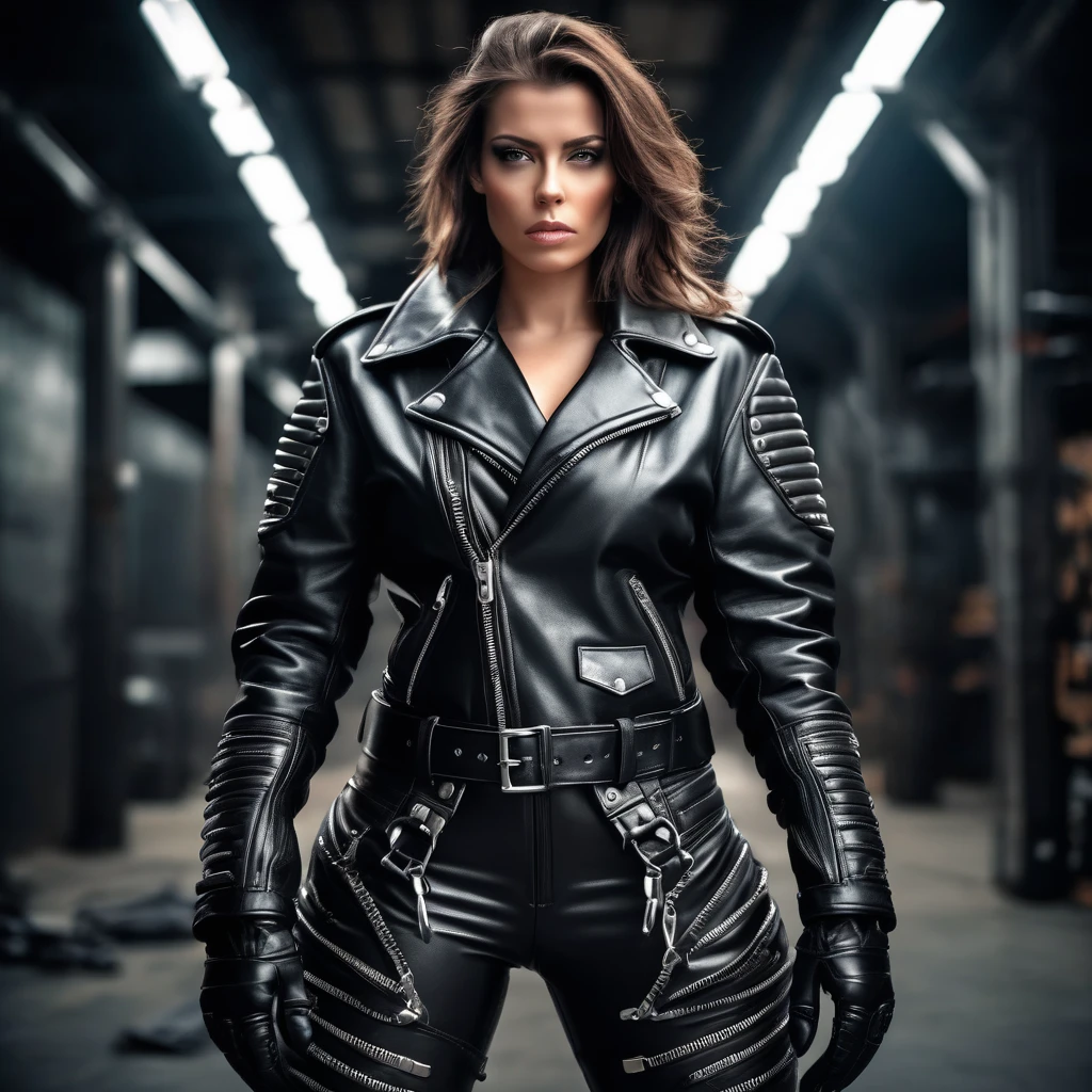 realistic photo, intimidating, stunningly beautiful woman wearing double-breasted extremely oversized thick leather biker outfit, gloves, many massive zippers, many massive pockets, modern armor gear, ultra HD, cinematic, ultra realistic, dramatic lighting