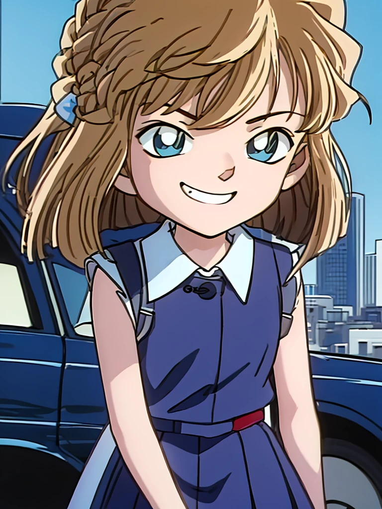 ​masterpiece、top-quality、gura、l、platinum-blonde、blue sailor school fuku uniform、red blush,cowboy  shot 、Grinning、Navy blue tie ribbon,expressive eyes,multi color eyes,blue and cyan eyes,shinig eyes,、blue-sky、vivid colors,spalsh art managa,detailed line art,、natural light,bokeh,City background, skyscrapers