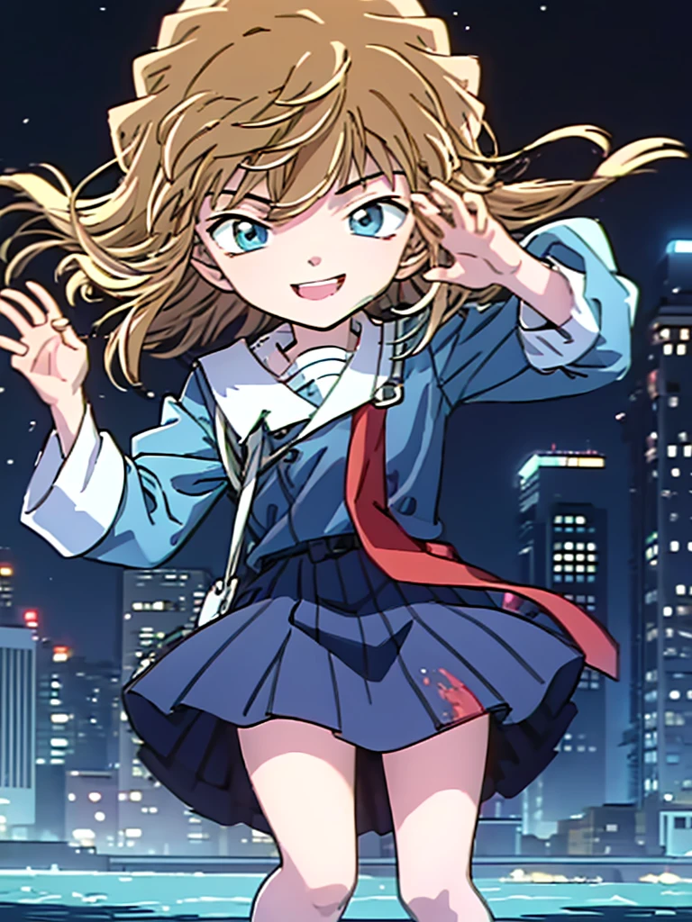 ​masterpiece、top-quality、gura、l、platinum-blonde、blue sailor school fuku uniform、red blush,cowboy  shot 、Grinning、Navy blue tie ribbon,expressive eyes,multi color eyes,blue and cyan eyes,shinig eyes,、blue-sky、vivid colors,spalsh art managa,detailed line art,、natural light,bokeh,City background, skyscrapers