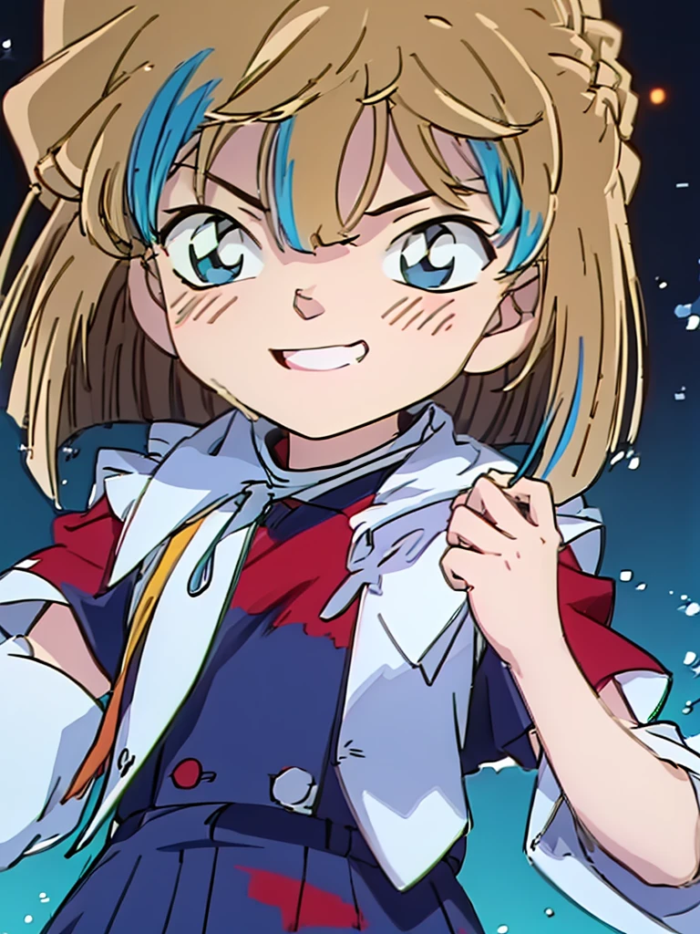 masterpiece、top-quality、gura、l、platinum-blonde、blue sailor school fuku uniform、red blush,cowboy shot 、Grinning、Navy blue tie ribbon,expressive eyes,multi color eyes,blue and cyan eyes,shinig eyes,、blue-sky、vivid colors,spalsh art managa,detailed line art,、natural light,bokeh,City background, skyscrapers