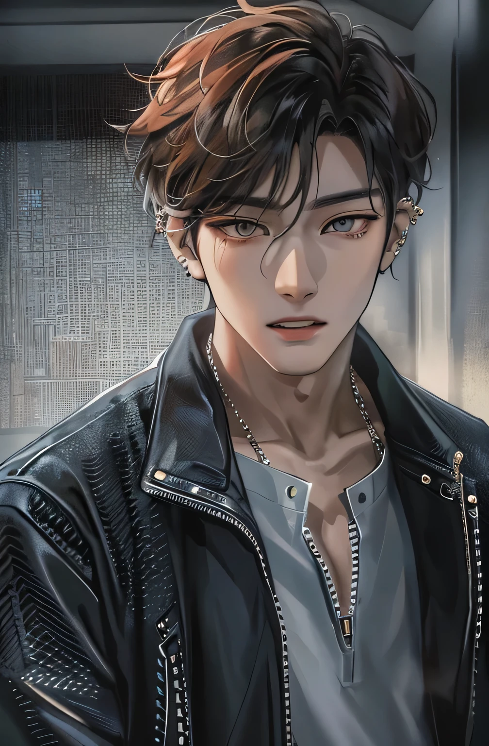 An absurd HDR masterpiece, High quality picture of a Korean boy in clear HD graphics, with his piercing amber eyes and chiseled jawline, dressed in stylish clothes, modern outfit, highlighting his lean physique. His short K-pop hair is styled in a modern style., giving him an air of confidence and charm, when he stands against a beautiful background