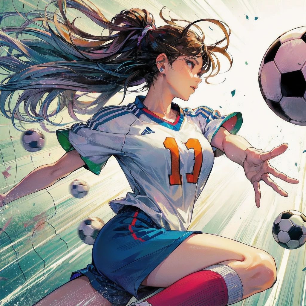 masterpiece, (textured skin), best quality, gorgeous beautiful girl, (a female soccer athlete), detailed clothes,large breasts,narrow waist,, (beautiful face), cinematic lighting, (at soccer venue ),